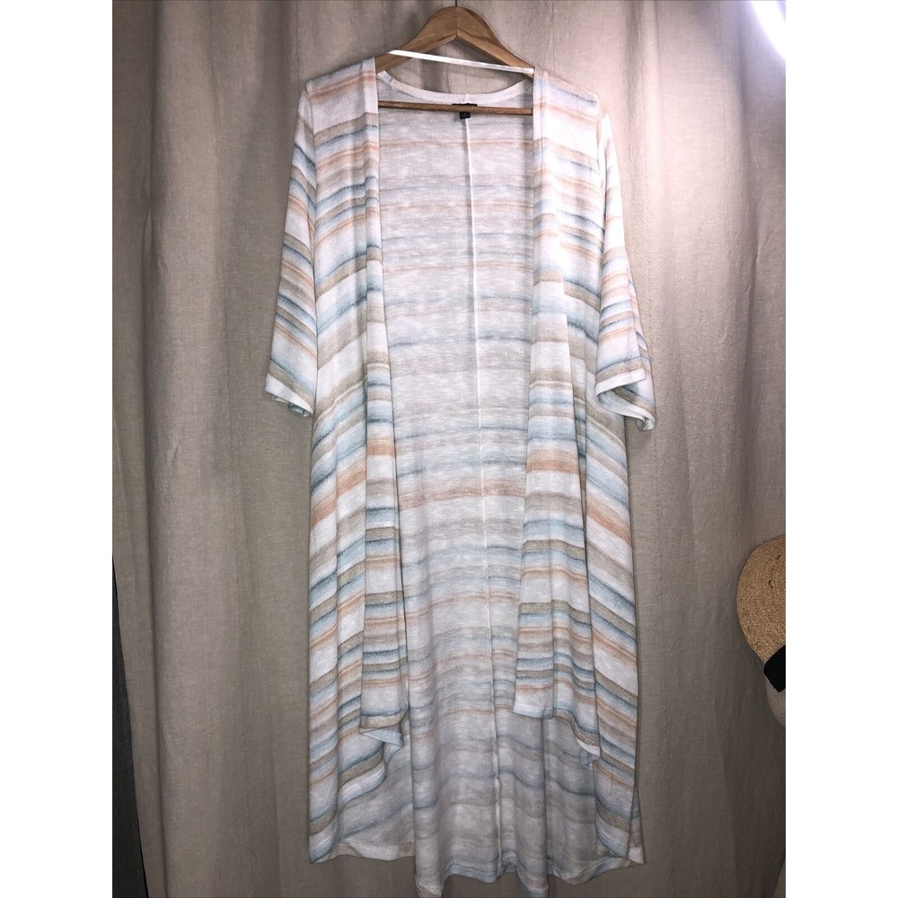 Torrid Duster Cardigan Multicolor Pastel Stripe Knit Open Front 0X -flaw. - Picture 2 of 9